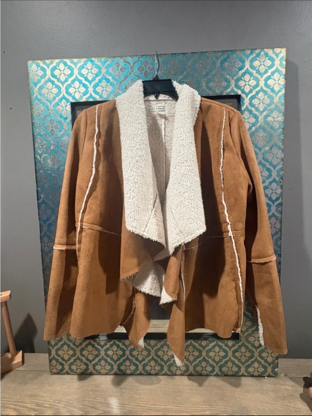 Brown Penny Lane Teddy-Lined oversized draped waterfall Jacket Boho camel fall S